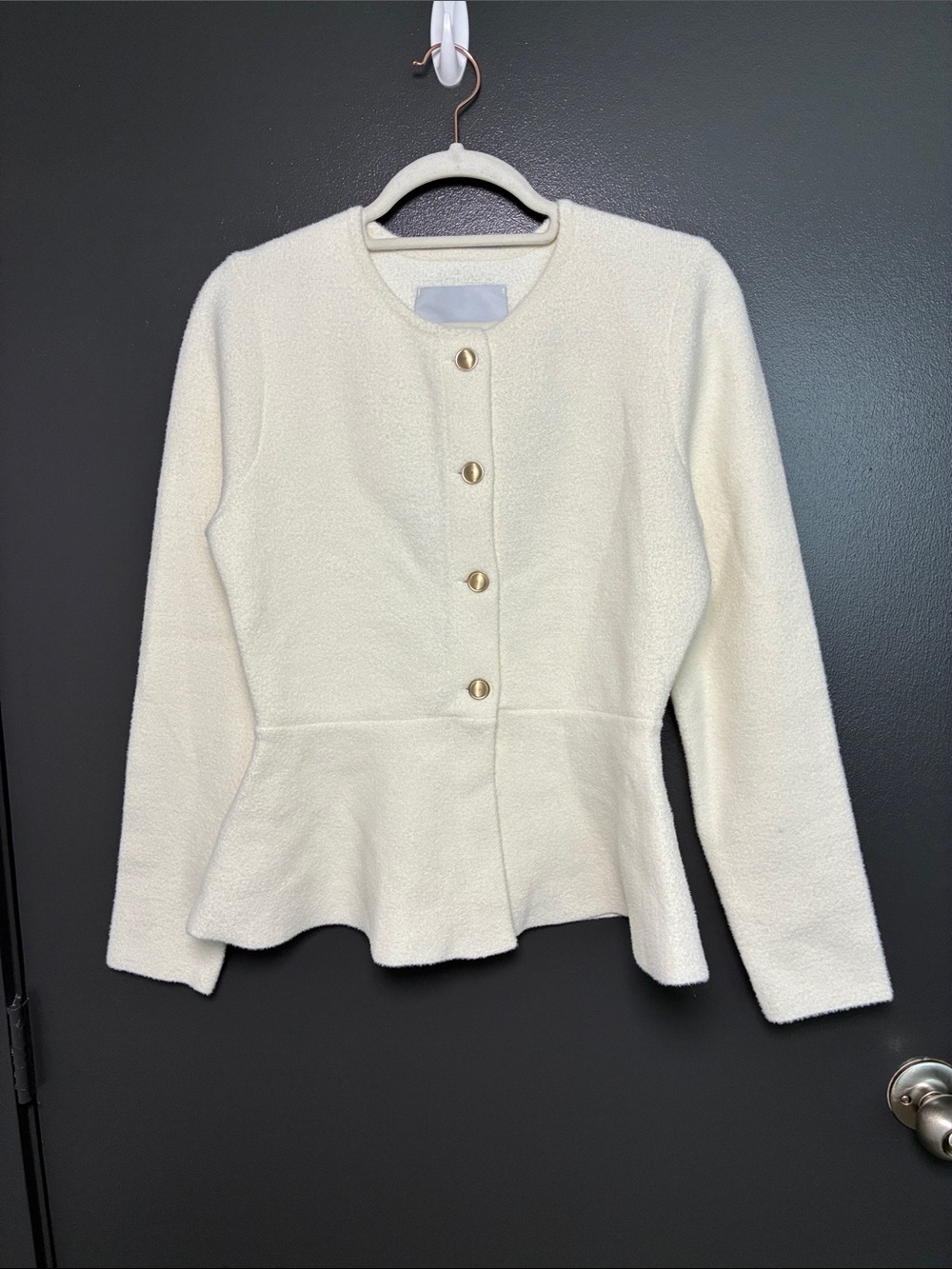 NWT NVLT Cream NVLT Sculpted Knit Collarless Blazer Jacket Peplum Sz S - Picture 4 of 9